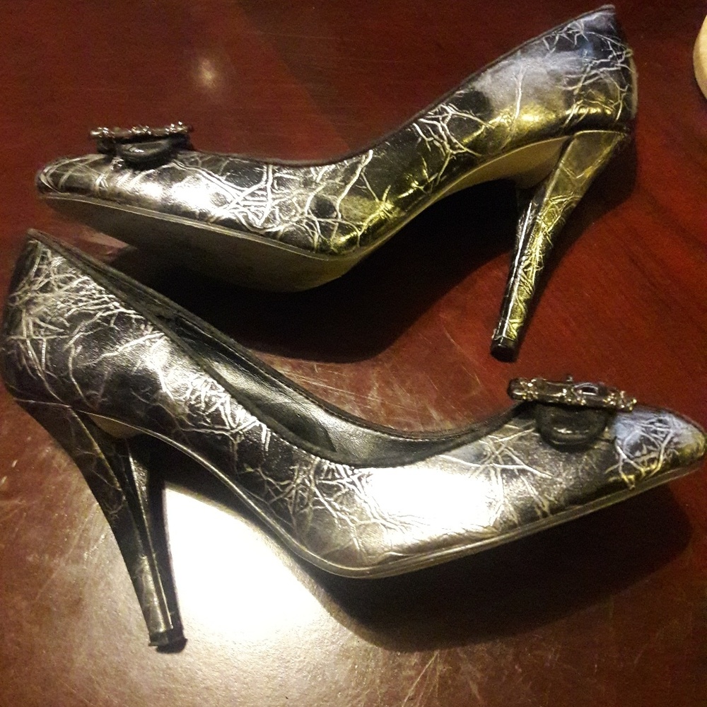 Silver & Black Buckle Peeptoe Heels - Joey 7.5
